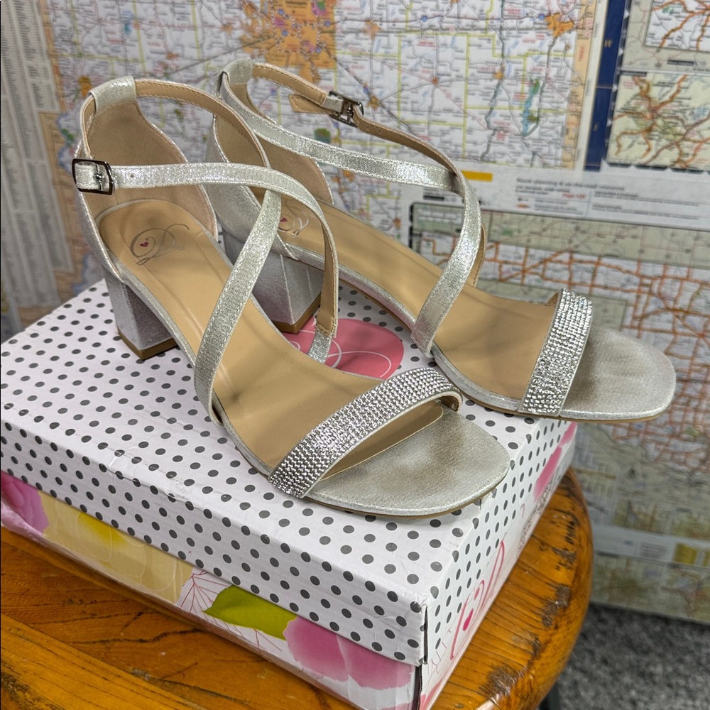 Cercie Silver Low Block Heel Sandals